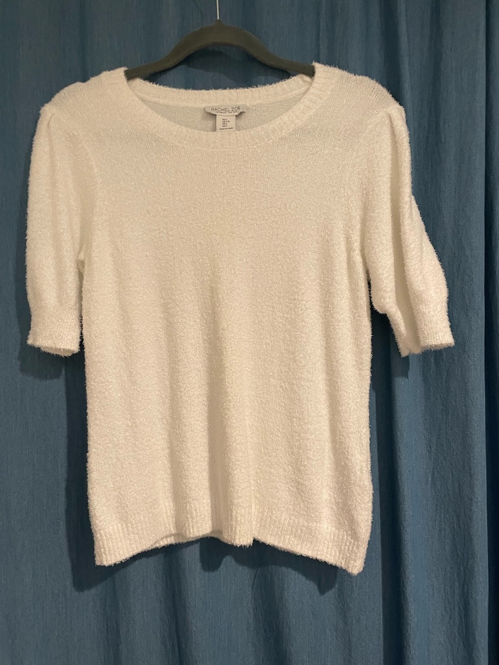 Rachel Zoe White Fuzzy Knit short sleeve Sweater Large professional neutral